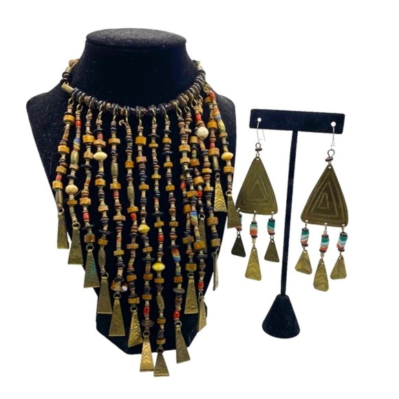 Vintage Jewelry - Vintage Tribal Beaded Bronze Bohemian Waterfall Necklace And Earrings Set